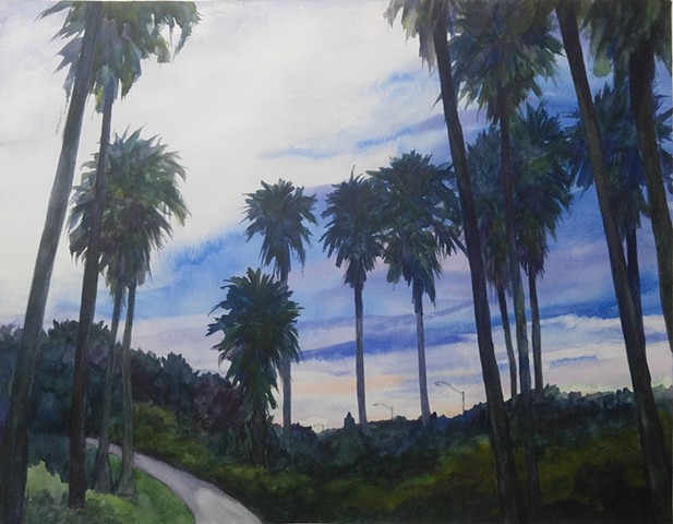 watercolor painting of walking path and palm trees at dusk in the park overlooking Fort Lauderdale airport by M Christine Landis