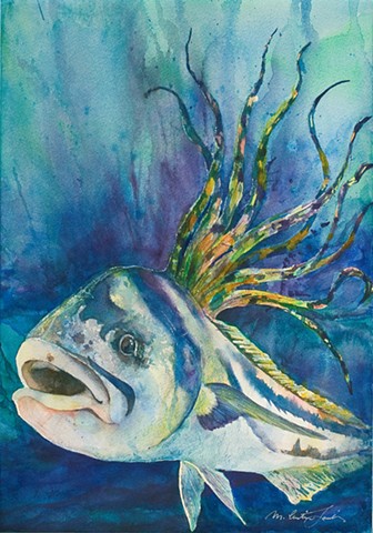 watercolor painting of a rooster fish by M. Christine Landis