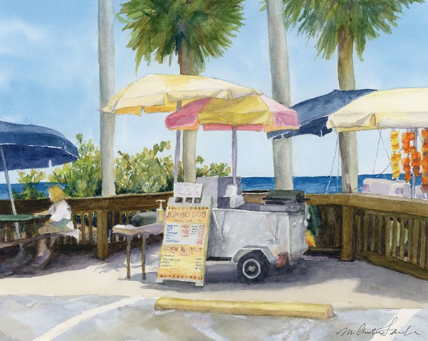 watercolor painting of beachside hot dog stand and umbrellas by M Christine Landis