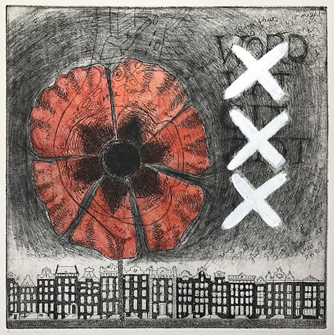 Etching of canal houses and chine-collé of a poppy incorporated with a handwritten letter. 