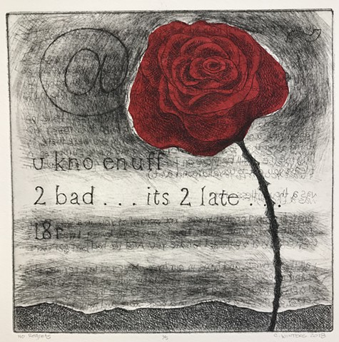 Etching and chine-collé of a red rose with email text. 