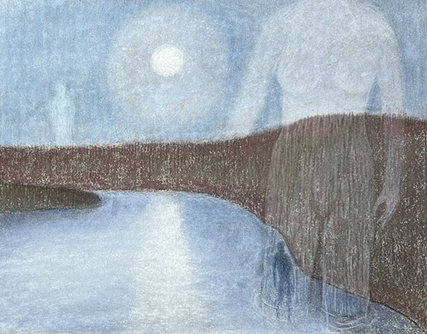 Pastel of a river valley with moon and giant figures.