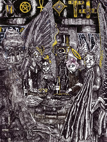 A conglomeration of deities, including the Greek god Pan and Voodoo god Baron Samedi, share dinner with other entities, such as the Hebrew demon Lilith and Angel of Death.