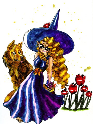 Flower Witch and Wolf Familiar, in color