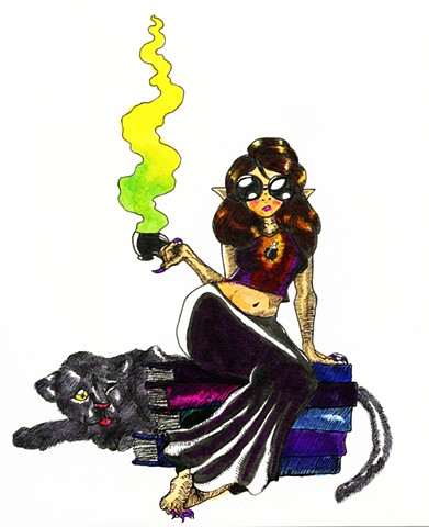 Literary Witch and Panther Familiar, in color