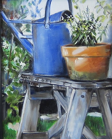 Watering can on a ladder, clay pot. terra cotta, greenery, folliage