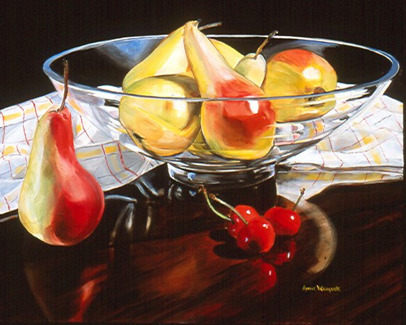 Pears are in a low round glass bowl atop a checkered cloth. A pear and cherries sit on a dark grained wood surface.  Background is black.