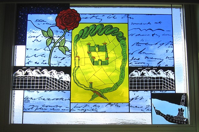 Close up of window with ancient Roman fortress and rose