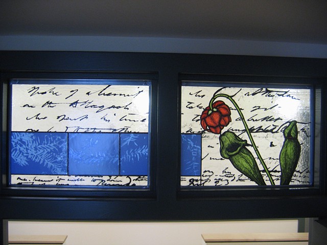 Transom window with pitcher plant and Thoreau excerpt, foliage