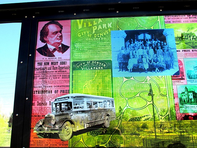 Knox single windscreen, detail with P. T. Barnum, the Villa Park neighborhood, and other historic local material.
