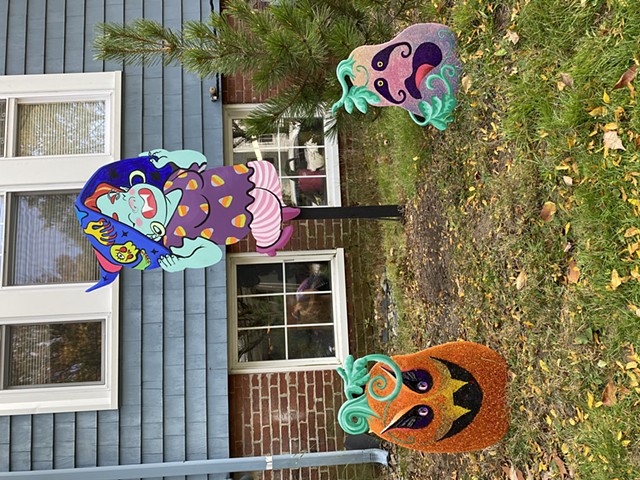 2021 Fall Witches Display, October - November. displayed at the blue house on the corner of Kidder St. and Powder House Terrace