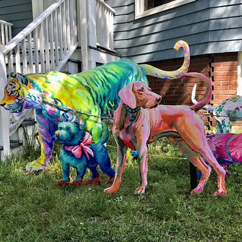 Penny Pink Dog, an Addison to the "Puppies are furrrrrever!" Summer 2020 Installation at the corner of Powder House Terrace and Kidder St. Somerville, MA.