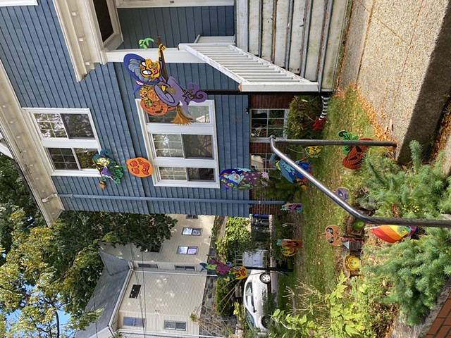 2021 Fall Witches Display, October - November. displayed at the blue house on the corner of Kidder St. and Powder House Terrace