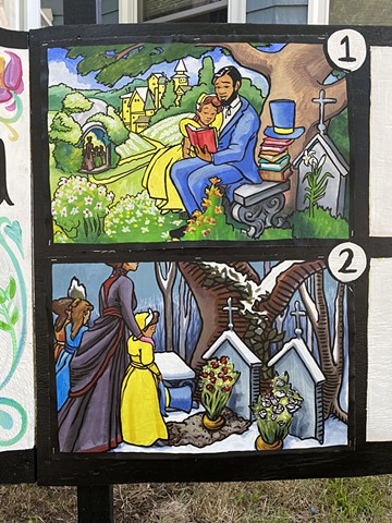 The 1st & 2nd panel of the Fairytale Storyboard of Cinderella. Four panels were added to the storyboard every Tuesday for 10 weeks. At the corner of Powder House Terrace and Kidder St. Somerville, MA.