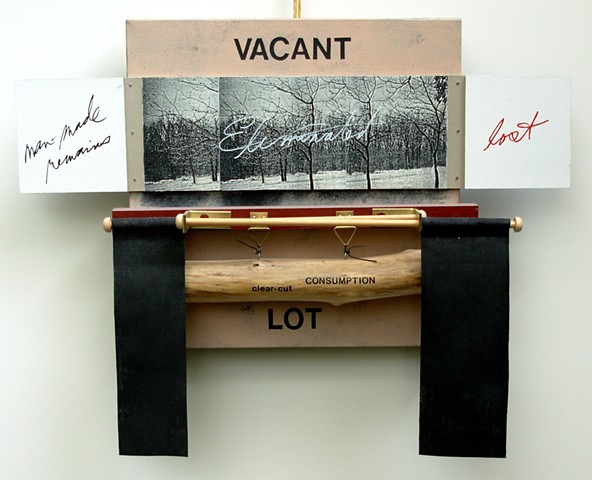 wood assemblage with hand-written notes, metal, fabric, photography, acrylic paint by Rebecca Stuckey