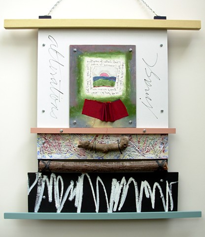 wood assemblage with oil pastel drawing, verbal notes, metal, tree branch segment by Rebecca Stuckey