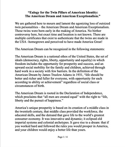 "Eulogy for the Twin Pillars of American Identity: The American Dream and American Exceptionalism."