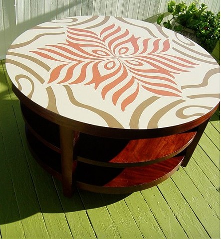 Refinished cocktail table, painted to match vintage fabric pattern