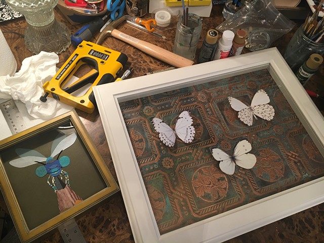 Cut paper dragonfly & painted butterflies on copper patina