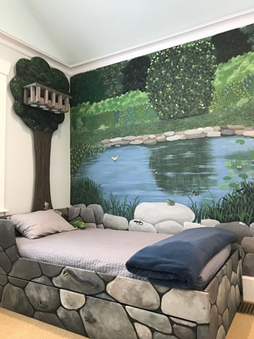 Tree, stone bed & wall mural