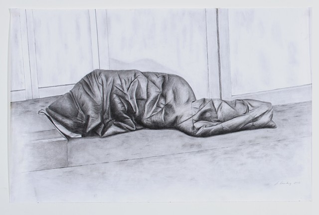 Homeless #3: Homeless drawing (series 1) explores the social condition of homelessness and poverty in the 21st century. Pencil and realistic techniques are used.