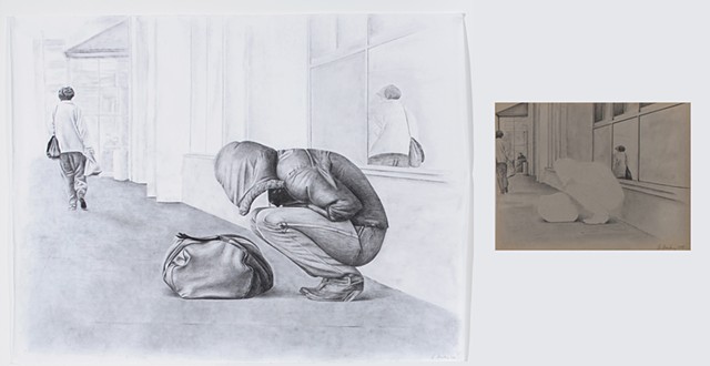 Homeless #2: Homeless drawing (series 1) explores the social condition of homelessness and poverty in the 21st century, together with the idea of being perceived as absent, unimportant, or non-existent in society. Pencil and realistic techniques are used.