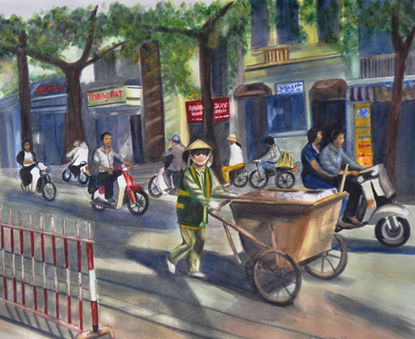 street cleaner, Vietnam, busy street, motorcycles, Saigon