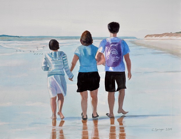 mother and kids, walking on beach, Jekyll Island, water