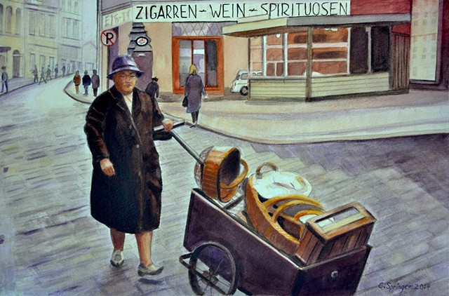 cart, Germany, old woman, baskets, street scene