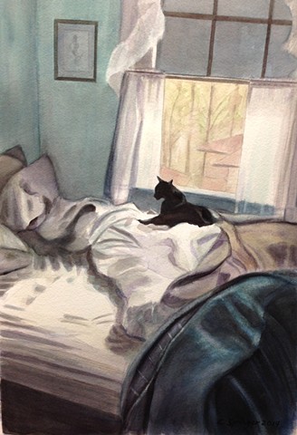black, cat, bed, unmade