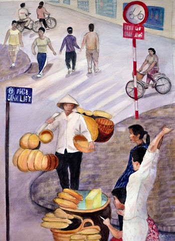 Hanoi street, women, selling wares, bread, baskets