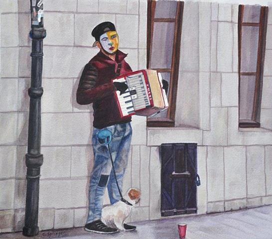 accordion, accordionist, Cracow, Poland, dog, masked face, busker