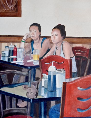 in a Roslindale, MA coffee shop, two women, one happy, one sad