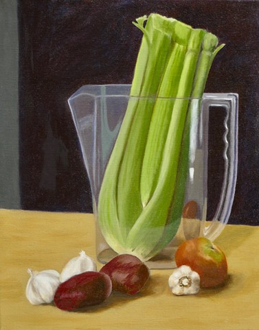 still life painting; oil painting; celery; representational painting.