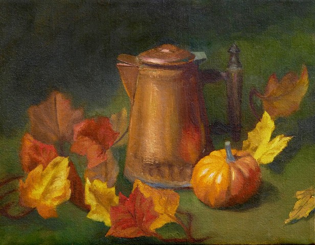 Autumn leaves; Fall leaves; Still life; Copper Coffee Pot; Small Pumpkin
