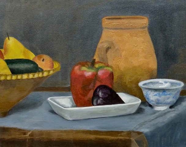still life, red pepper, plum, pear, oil painting, porcelain bowl