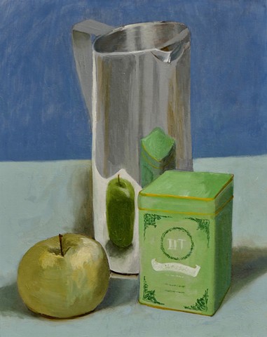 Still life; stainless steel pitcher; green apple; tea tin.