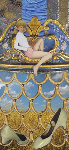 M.M. Dupay M. M. Dupay gold blue pink shorts San Marco mosaic floor tiles contemporary baroque art perch thimbles fields fence border grate gate collage shoes figurative art feminist Marcelle Dupay landscape