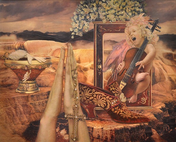 M.M. Dupay M. M. Dupay pink collage shoes Losing My Religion praying hands Mammoth Springs Yellowstone National Park musical instruments cello viola winged figurative art feminist Marcelle Dupay landscape