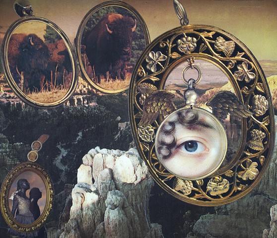 M.M. Dupay collage feminist art Marcelle Dupay M. M. Dupay surrealism rocky canyon national park landscape lockets buffalo bison Degas Little Dancer of Fourteen Years lover's eye all seeing eye locket and load Masur Museum of Art