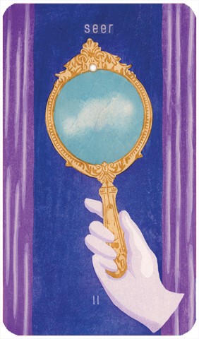 The High Priestess: A gloved hand holds an ornate mirror in which a cloud is reflected