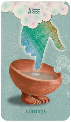 Ace of Cups: a hand emerges from a cloud and sticks its index finger into a footed bowl