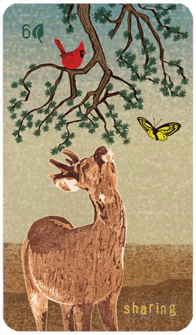 Six of Pentacles: a deer, a cardinal, and a butterfly all share a tree