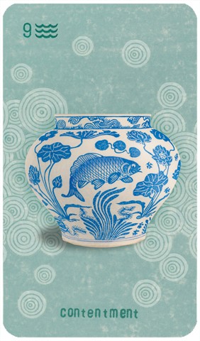 Nine of Cups: woodblock print of a blue and white porcelain bowl with fish on it
