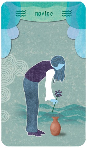 Page of Cups: a figure leans over to put a flower in a vase
