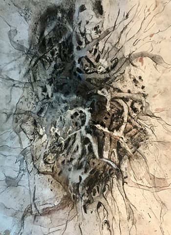 Charcoal, pouring medium and pastel drawing on embossed paper