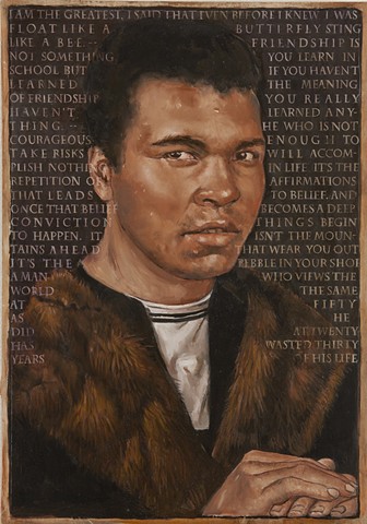 It Isn’t the Mountains Ahead that Wear You Out It’s The Pebble In Your Shoe - Portrait of Mohammed Ali and his quotes after Hans Memling’s Portrait of a Man against a Dark Background