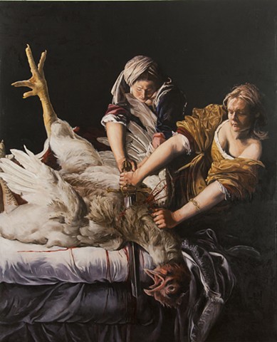 Self Portrait Slaying a Rooster after Artemisia Gentileschi’s Judith Slaying Holofernes