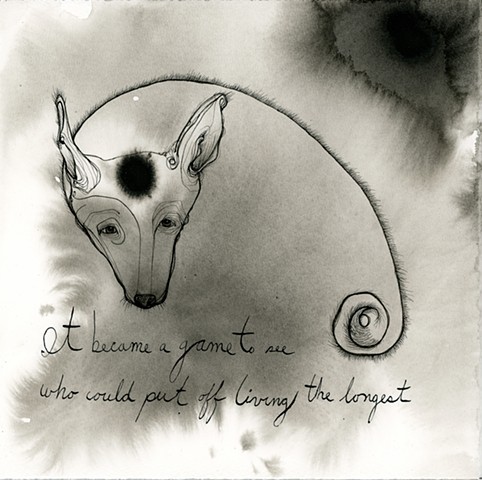 an ink drawing of a creature dog Mrs Walters who is sad and beautiful at the same time. Curly tail. basenji. by betsy heistand jones. betsy jones. betsy s jones cooper union