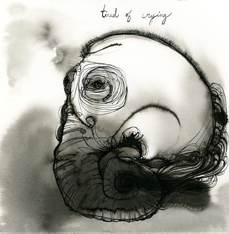 an ink drawing of a sad creature with an elephant snout who is tired of crying. we see no tears. by betsy heistand jones. betsy jones. betsy s jones cooper union